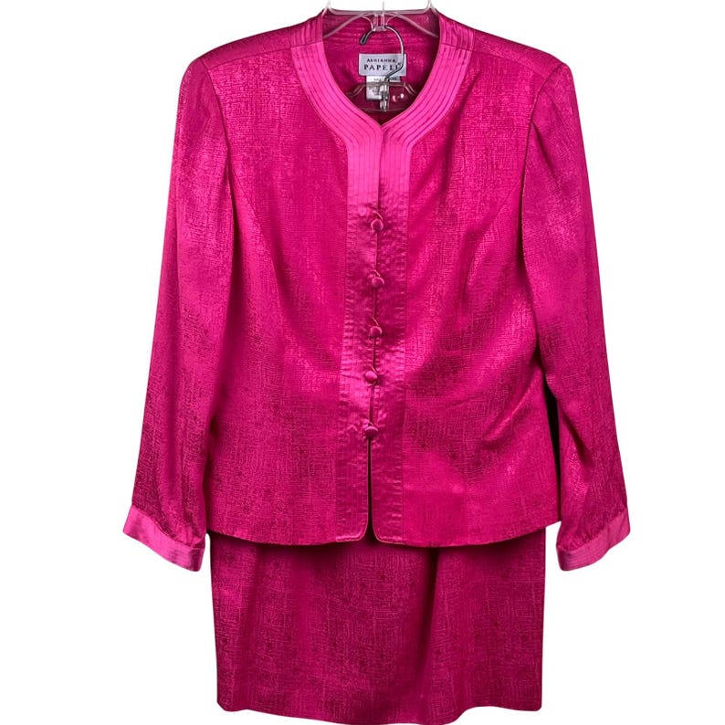 Adrianna Papell Hot Pink Two Piece 100% Silk Satin Buttons Skirt Suit Asian 10 Bild 2