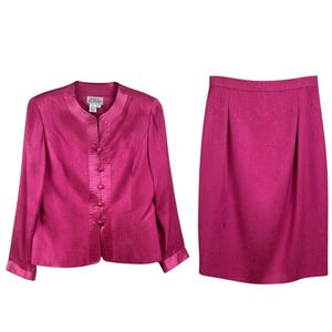 Adrianna Papell Hot Pink Two Piece 100% Silk Satin Buttons Skirt Suit Asian 10 Bild 1