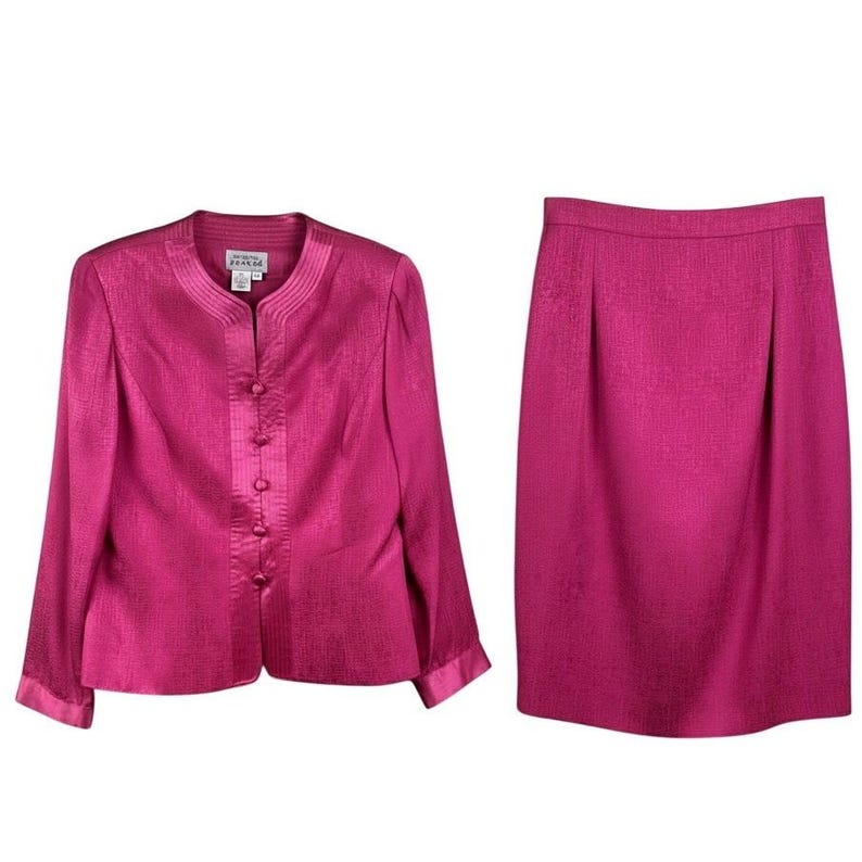 Adrianna Papell Hot Pink Two Piece 100% Silk Satin Buttons Skirt Suit Asian 10 Bild 1