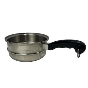 May include: Stainless steel double boiler pot with a black handle. The pot has a round shape with a smaller pot inside. The handle is curved and has a metal ring at the end. The pot is designed for cooking and heating food.