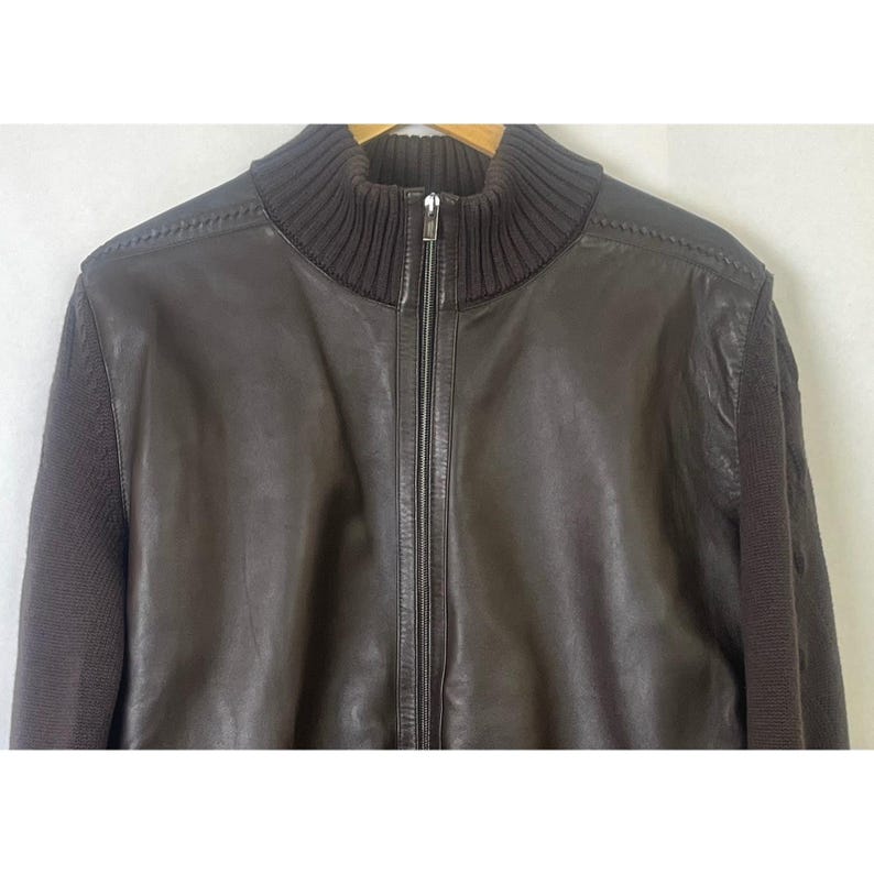 Germano Ghergo Italian Butter Soft Black Leather Jacket Woven Wool Sleeves 54 image 4