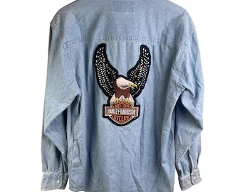 VTG Harley Davidson Denim Long Sleeve Shirt Large Eagle Patch Medium Men's