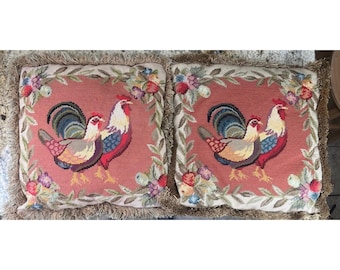 Pair Rooster Hen Wool Needlepoint Decorative Fringe Throw Pillows Country French