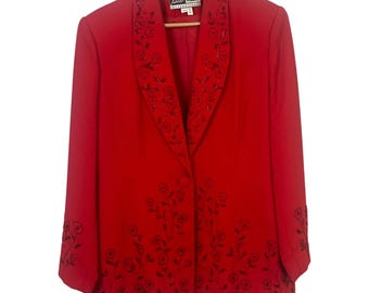 VTG Ben Marc International Woman's Red Heavily Beaded Button Blazer Size 14 Read