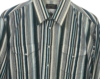 VTG Ruddock XLong Tail Green Pearl Striped Western Rodeo Shirt USA 16 1/2x34
