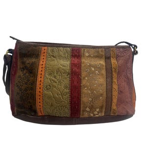 VTG Fossil Patchwork Tri Colored Leather Embossed  Floral Suede Shoulder Bag Key