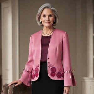 May include: A pink open-front blazer featuring long bell sleeves with ribbon ties at the wrists and dark pink circular floral embroidery along the lower hem. The blazer is worn over a dark purple top and a black skirt, paired with a simple necklace.