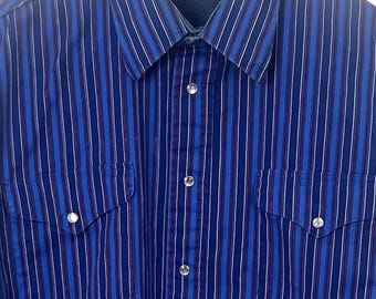 VTG Ruddock Bros Blue Striped Pearl Snap Long Tail Western USA Shirt 16 1/2/35