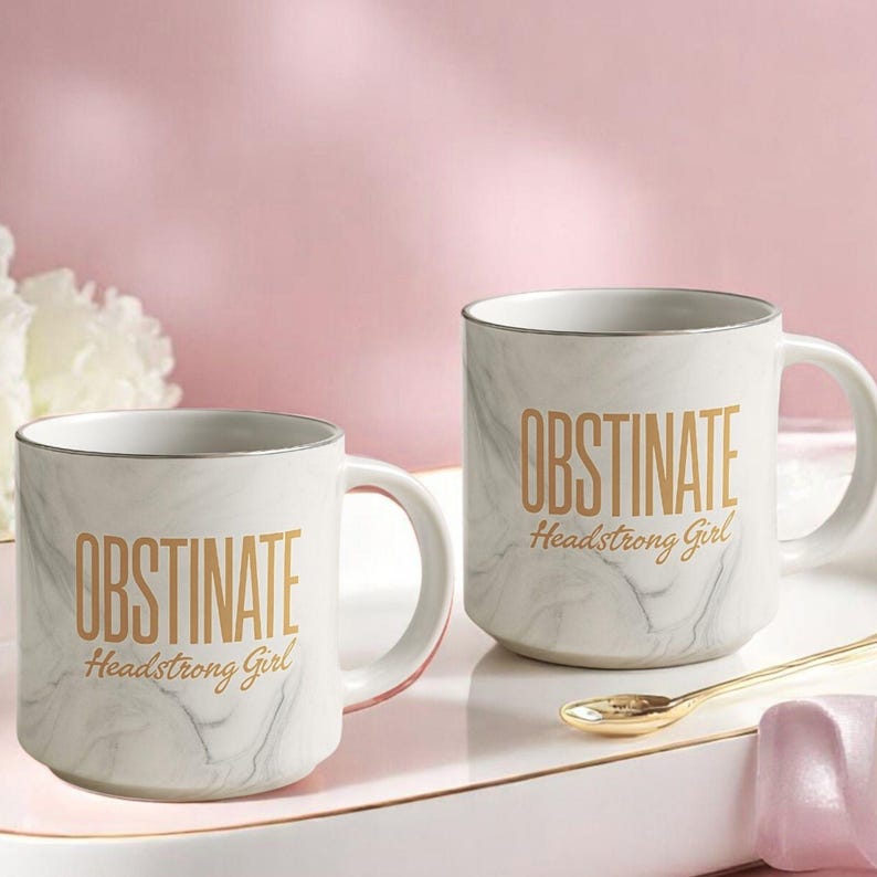 obstinate headstrong girl pride and prejudice marbale mug with gold spoon