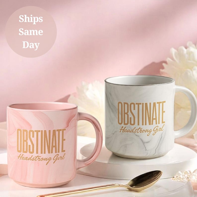 obstinate headstrong girl pride and prejudice marbale mug with gold spoon