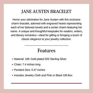 Heart Charm Bracelet Jane Austen Gold Charm Bracelet Book Lover Jewelry Gift For Her Classic Literature Fan Pride And Prejudice Accessory image 3