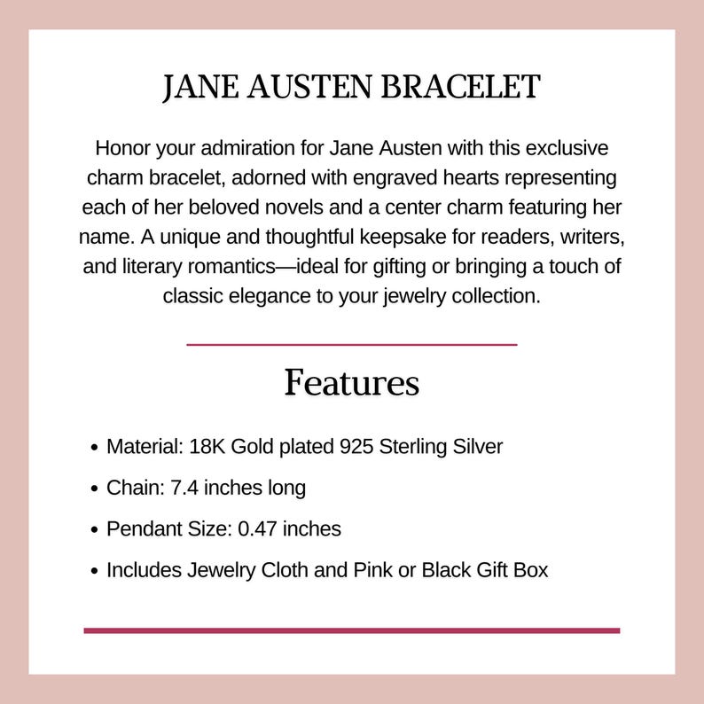 Heart Charm Bracelet Jane Austen Gold Charm Bracelet Book Lover Jewelry Gift For Her Classic Literature Fan Pride And Prejudice Accessory image 3
