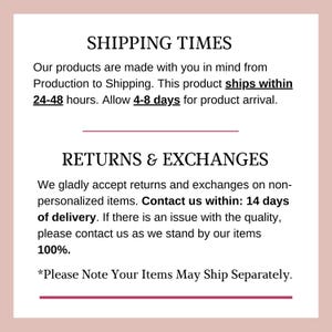 Puede incluir: Informaci&oacute;n sobre el env&iacute;o y las devoluciones para pedidos en l&iacute;nea. Nuestros productos se hacen pensando en ti, desde la producci&oacute;n hasta el env&iacute;o. Este producto se env&iacute;a dentro de las 24-48 horas. Permite 4-8 d&iacute;as para la llegada del producto. Aceptamos con gusto devoluciones e intercambios en art&iacute;culos no personalizados. Ponte en contacto con nosotros dentro de los 14 d&iacute;as siguientes a la entrega. Si hay alg&uacute;n problema con la calidad, ponte en contacto con nosotros, ya que respaldamos nuestros art&iacute;culos al 100%. *Ten en cuenta que tus art&iacute;culos pueden enviarse por separado.