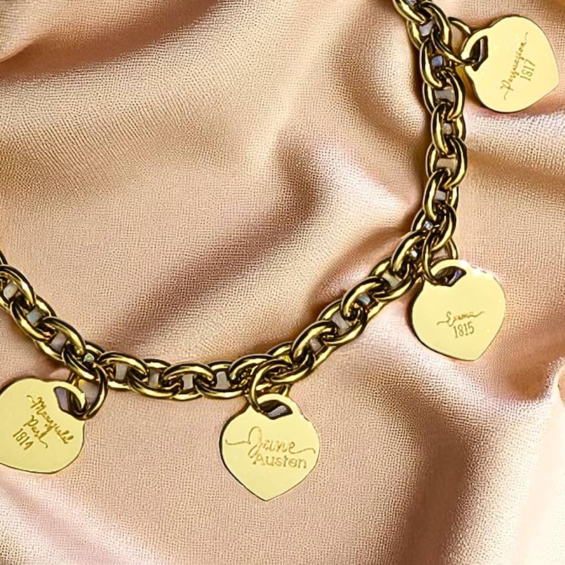 Heart Charm Bracelet Jane Austen Gold Charm Bracelet Book Lover Jewelry Gift For Her Classic Literature Fan Pride And Prejudice Accessory No