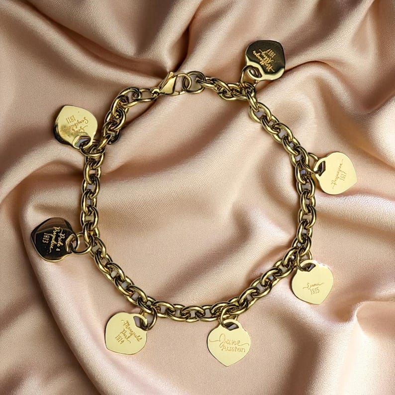 Heart Charm Bracelet Jane Austen Gold Charm Bracelet Book Lover Jewelry Gift For Her Classic Literature Fan Pride And Prejudice Accessory image 4