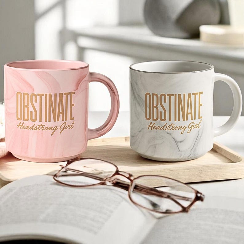 obstinate headstrong girl pride and prejudice marble mug with gold spoon