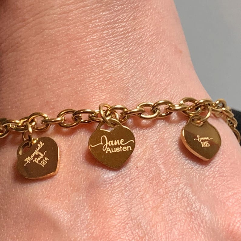 Heart Charm Bracelet Jane Austen Gold Charm Bracelet Book Lover Jewelry Gift For Her Classic Literature Fan Pride And Prejudice Accessory image 6