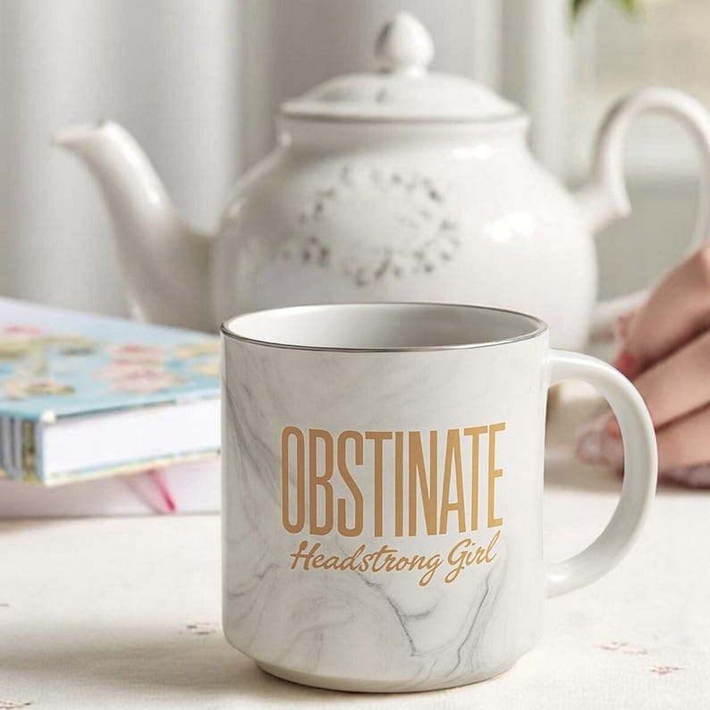obstinate headstrong girl pride and prejudice marble mug with gold spoon