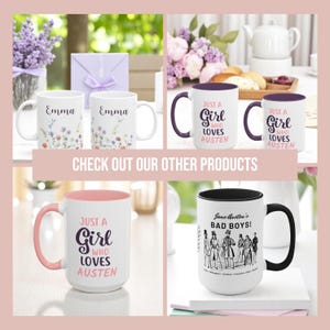 Mug en porcelaine en pierre naturelle, cadeau de bibliothécaire pour femme, produits livresques, Jane Austen, mug orgueil et préjugés, cadeaux livresques pour elle, cadeau féministe image 9