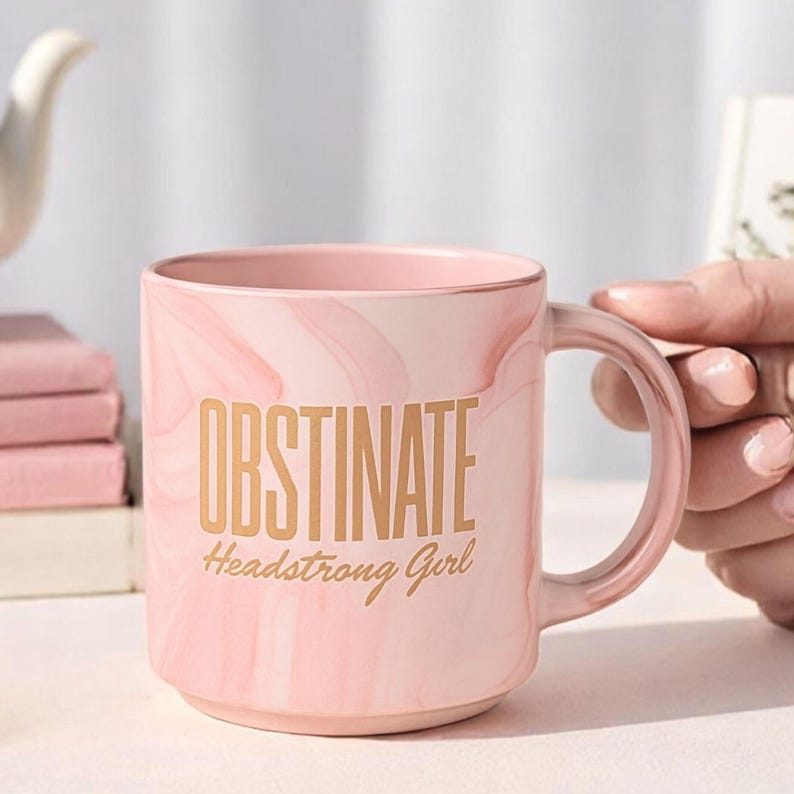 obstinate headstrong girl pride and prejudice marble mug with gold spoon