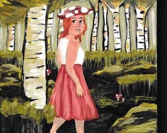 Mushroom Girl in Birch Forest Print