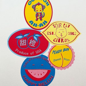 Fruit Stickers, Hand Printed 6-Color Screen Print, 11x14"