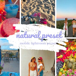 Puede incluir: Un collage de imágenes con un preset de Lightroom móvil natural. Las imágenes incluyen una escena de playa con bebidas coloridas, una mujer con un top blanco y jeans, un puesto de frutas con una variedad de frutas coloridas y una mujer con un top de bikini blanco y jeans.