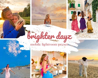 May include: A collage of photos featuring people enjoying summer days at the beach, in a cafe, and walking down a cobblestone street. The photos are edited with a warm, bright filter and the text "brighter dayz mobile lightroom preset" is superimposed on the image.