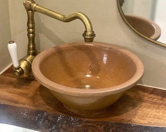 Natural Glazed Terracotta Bathroom Washbasin - Bathroom Vessel Sink - Countertop Basin -Sink Lavatory - Solid Brass Drain Cap Gift