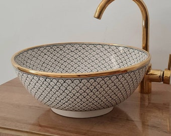 14 Karat Gold & Fish Scales Washbasin Ceramic Bathroom Vessel - CUSTOMIZABLE 14k Gold Rim Bathroom Sink - Guest's Room Vanity Vessel Sink