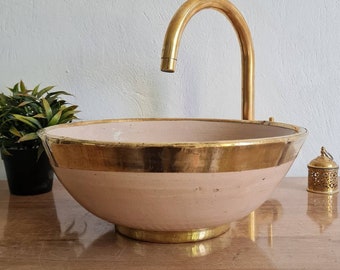 Glazed Clay Farmhouse Solid Brass Rimmed Bathroom - Mid-Century Modern Vanity Sink + Gift