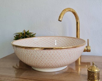 14 Karat Gold & Rose Gold Washbasin Ceramic Bathroom Vessel - 14k Gold Rim Bathroom Sink - Guest's Room Vanity Vessel Sink