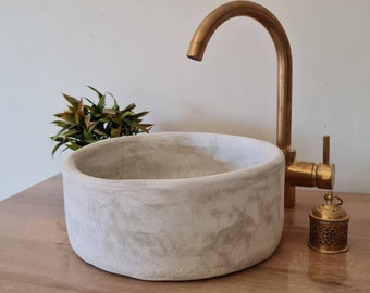 12" Natural Off White Bathroom Vessel - Handmade Round Bathroom Basin - Mid Century Modern Bathroom Sink