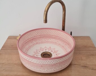 Bathroom Vessel Sink - Pink Bathroom WashBasin -  Countertop Basin - Mid Century Modern Bowl Sink Lavatory - Solid Brass Drain Cap Gift