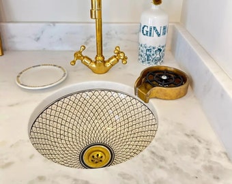 Undermount Brushed Brass Rim Bathroom Sink - Brass & Ceramic Bathroom Vessel - Antique Bathroom Decor - Mid Century Bathroom Sink