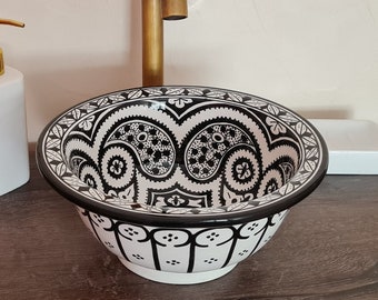 Ø 25 cm Small Ceramic Bathroom Wash Basin - Bathroom Vessel Sink - Countertop Basin - Mediterranean Design - Solid Brass Drain Cap Gift