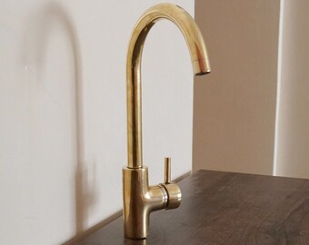 Unlaquered Brass Basin Faucet - Tap - Wet Bar Faucet - Mid Century Modern Kitchen faucet - Tap - One Hole One Handle Mixer Faucet + Fittings