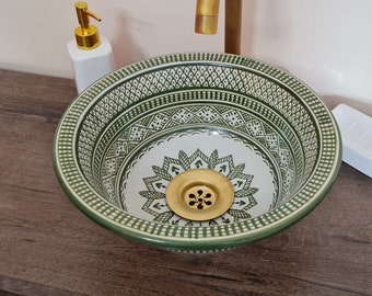 Dark Green Bathroom Wash Basin - Bathroom Vessel Sink - Countertop Basin - Mediterranean Bowl Sink Lavatory - Solid Brass Drain Cap Gift