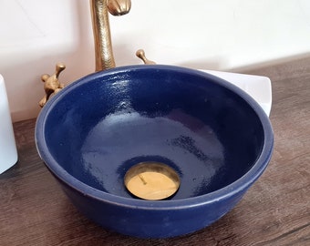 Plain Dark Blue Table Top Sink - Mid century Modern Wash basin - Bathroom Sink - Handmade Ceramic Sink - Solid Brass Drain Cap GIFT