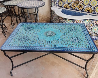 Mid Century Modern Patio Table - Handcrafted Mosaic Outdoor Coffee & Dining Table - Pure Zellige Table, Can Be Fully Customized - Royal Blue