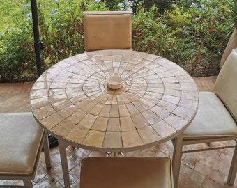 CUSTOMIZABLE Off White, Biege Handmade Mosaic Table - Mosaic Art - Outdoor Dining Mosaic Zellije Table