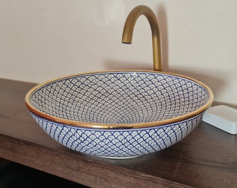 CLEARANCE! 14 Karat Gold & Navy Blue Washbasin Ceramic Bathroom Vessel - 14k Gold Rim Bathroom Sink - Guest's Room Vanity Vessel Sink