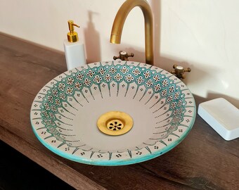 Turquoise & White Freehand Unique Design Bathroom Sink - Bathroom Washbasin Vessel - Pick Your Own Colors - Bathroom Decor - GIFT Idea