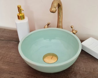Solid Sage / Turquoise Table top sink - Mid century Modern Washbasin - Bathroom Sink - Handmade Ceramic Sink - Solid Brass Drain Cap GIFT
