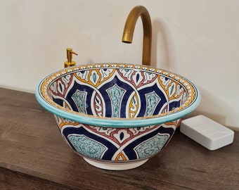 Mediterranean Ceramic Vessel Sink - Vessel Sink For Bathroom And Guest Room - Bowl Sink Wash basin -  Customizable Height and Colors