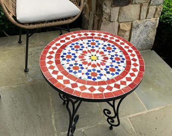 Mosaic Patio Table  - Red & Blue Zellige Table - Custom Your Height - Mid Century Design - Handmade Coffee Table For Outdoor and Indoor