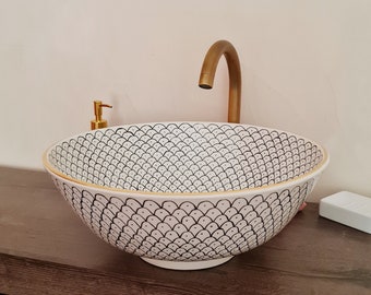 14 Karat Gold & Ceramic Bathroom Vessel - CUSTOMIZABLE 14k Gold Rim Bathroom Sink - Countertop Handmade Basin - Fish Scales Design