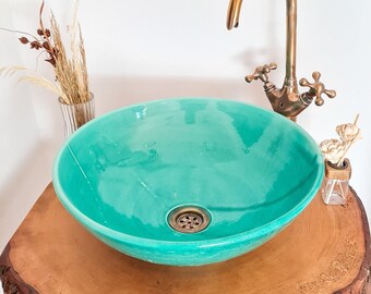 Custom Made Turquoise Green Hand-Glazed Sink - Handmade Turquoise Vessel Sink - Modern Bathroom Functional Art