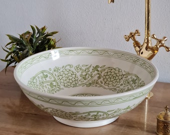 WERDA Bathroom Washbasin - Pastel Green Bathroom Vessel Sink - Countertop Basin - Bowl Sink Lavatory - Solid Brass Drain Cap Gift