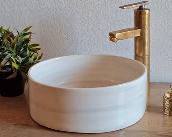 OFF White Bathroom Wash Basin - Bathroom Vessel Sink - Mid Century Modern Bowl Sink Lavatory - Solid Brass Drain Cap Gift